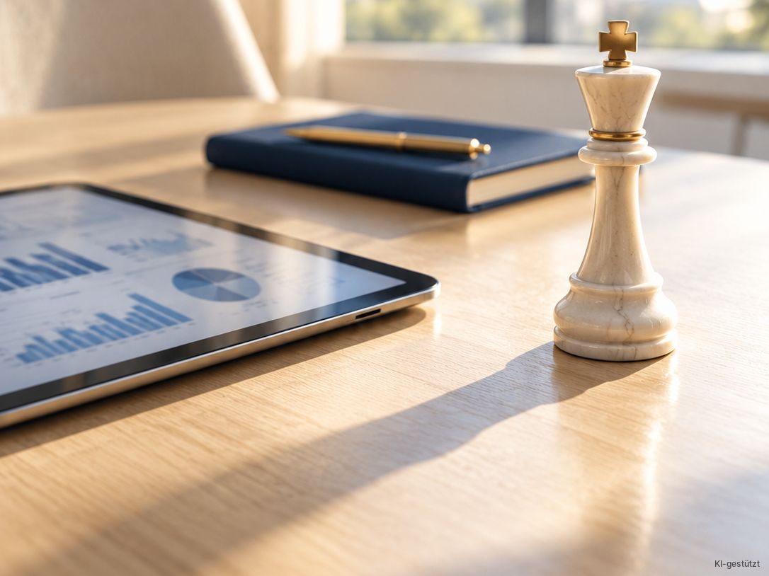 Tablet mit Datenauswertung und eine Königsfigur aus Marmor im Sonnenlicht – Daten zeigen viel, entscheiden muss der Mensch